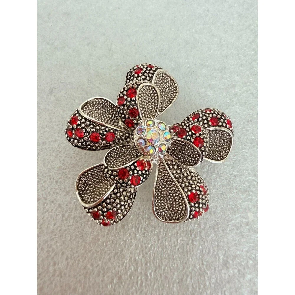 Vintage Silver Tone Textured Flower Brooch Pin Red AB Rhinestone Center